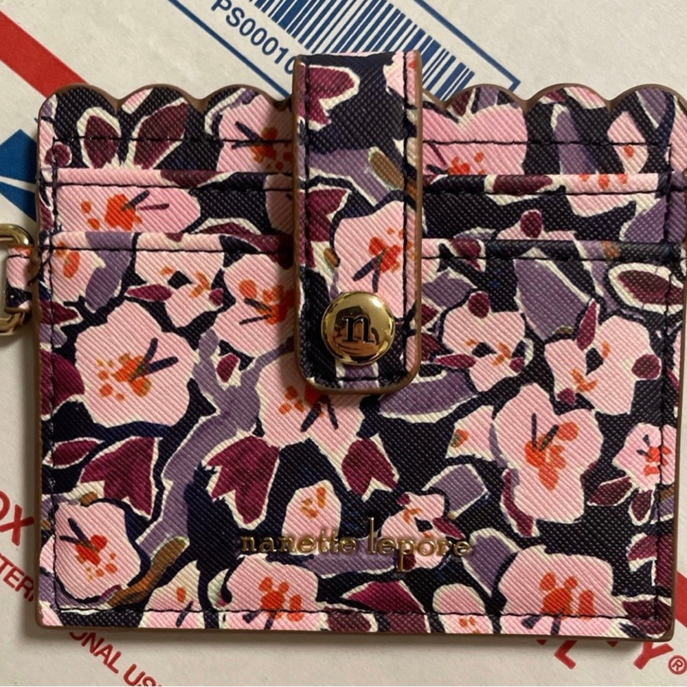 Nanette Lepore Pink & Purple Floral Card Holder with Gold Accent